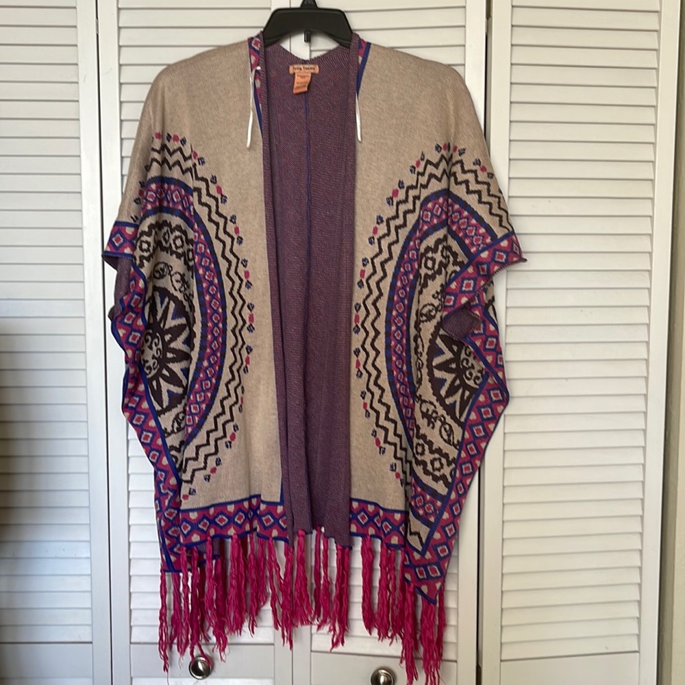 Flying Tomato Knit Sweater Poncho Fringe Boho • Large